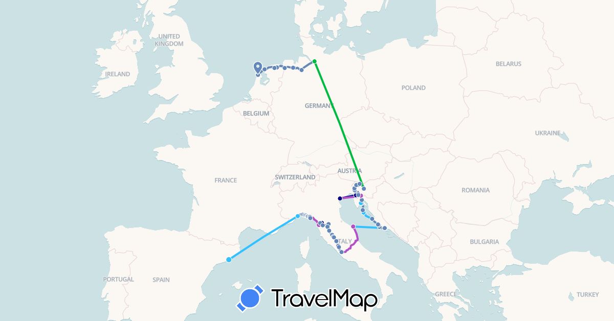 TravelMap itinerary: driving, bus, cycling, train, boat in Germany, Spain, Croatia, Italy, Netherlands, Slovenia (Europe)